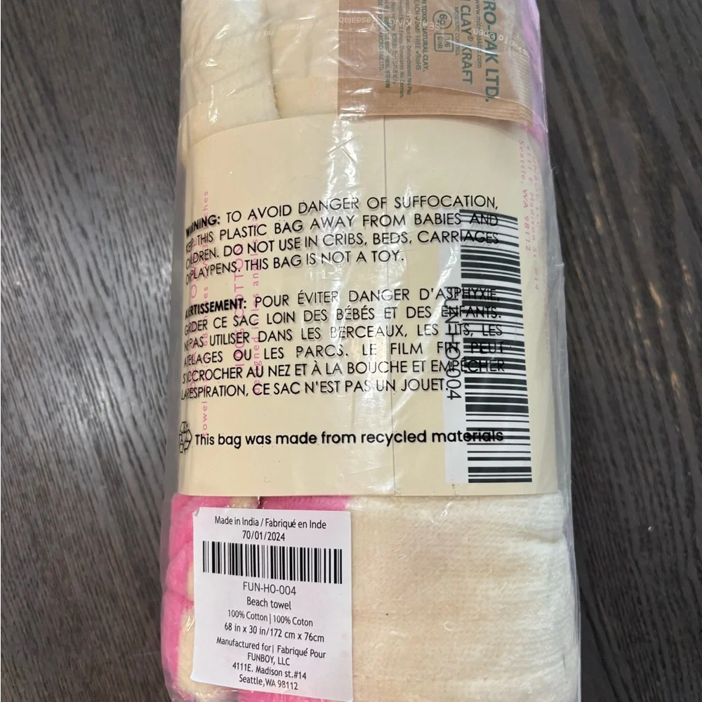 FUNBOY Pink and White Striped Towel.  New